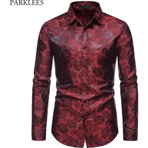 Wine Red Rose Flower Printed Fashion Mens Dress Shirts Long Sleeve Slim Fit Shirt Men Weeding Groom Club Party Chemise Homme 2XL