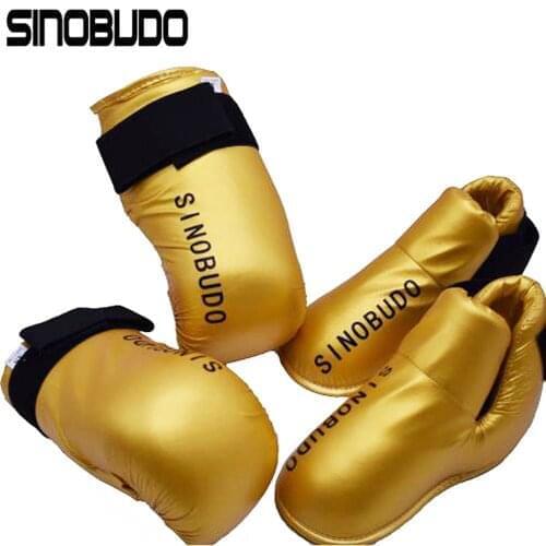 SINOBODU Taekwondo PU Leather Gold Hand Gloves Foot Guard ITF Boxing One suit Protector Karate Martial Arts Training Protector