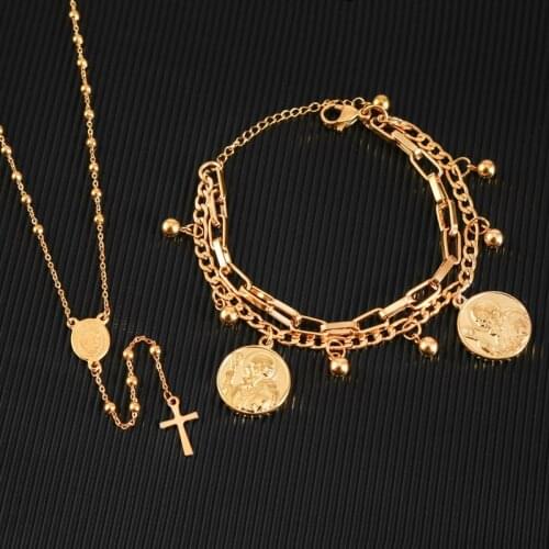 WENDYFO New Women Fashion Stainless Steel Cross Necklace Gold Color Christ Crucifix Long Beads Rosary Necklace Religious Jewelry