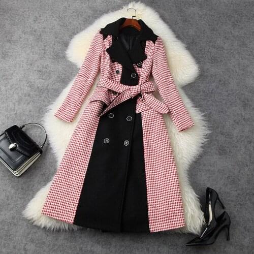 European and American womens wear 2020 winter new style Long sleeve splicing plaid double - breasted Fashionable tweed coat