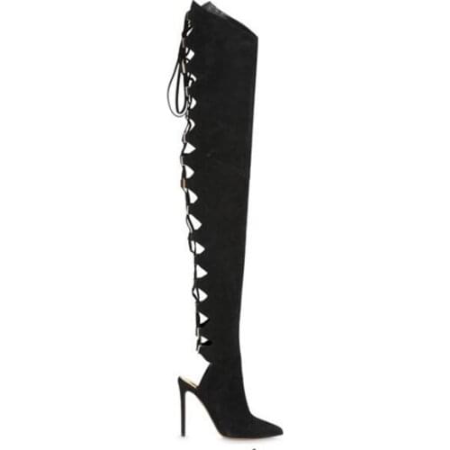Spring autumn women pointed toe cross-tied lac up thigh high boots super high heels over the knee high long boots size 35-42