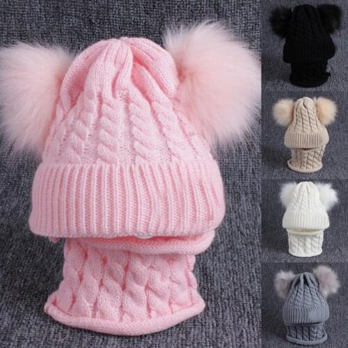 0-3 Years Toddler Winter Double Pompom Braid Knitted Hat Baby Kids Girls Boys Beanie Warm keep Woolen Yarn Neck Scarf Set 2020