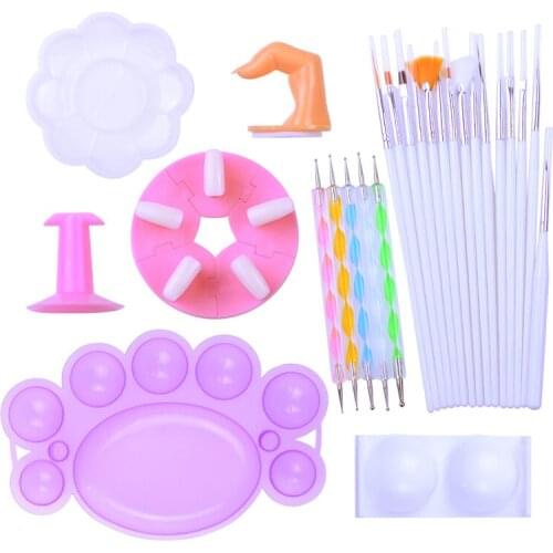 15pcs nail art brushes + 5pcs Point drill pen + 2pcs Nail Art Palette + 1pcs Practice Finger for Nail Base Tools Set