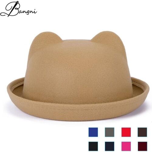 2017 Fashion Autumn Winter Wool Felt Womens Fedoras Hats Girls Retro Vintage Cat Ear Bowler Top Church Hats For Women Chapeau