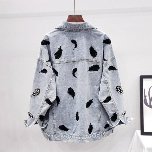 2020 Autumn Denim Jacket Women Coat Long Sleeve Beading Embroidery Overcoat Loose Jeans Jacket Female Streetwear Outwear P834