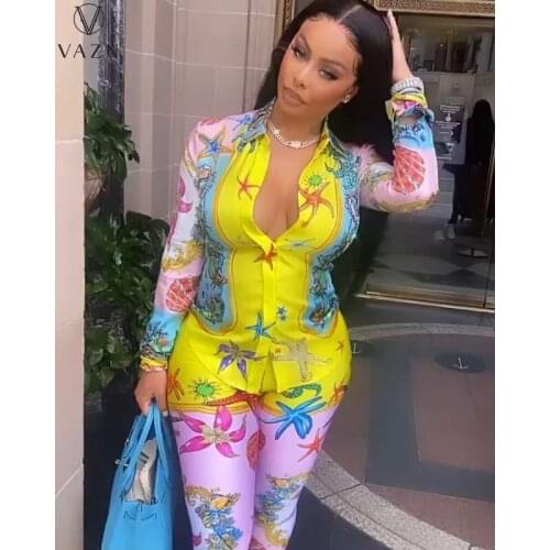 VAZN 2021 fashion women new street casual style sets long sleeve lapel top elastic long pants printed two piece sets