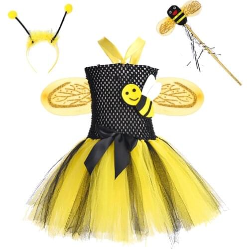 3PCS Kids Cosplay Baby Girls Bee Dresses Halloween Dresses+Hair Band+Stick Halloween Costumes Clothing Cute Party Fancy Dress