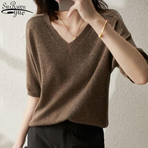 Cashmere Shirts Fashion Short Sleeve Deep V Sweater Spring Womens Blouse 2021 Summer New Office Top Female Blusas Mujer 13888