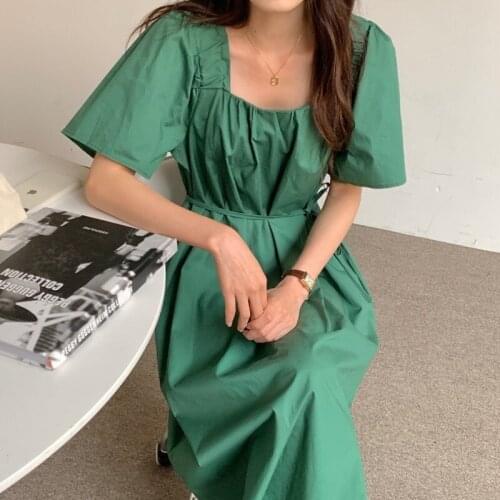Korobov Korean Chic Summer Dress Vintage Elegant Square Collar Female Dresses 2021 New Short Sleeve Lacing Slim Vestidos Femme