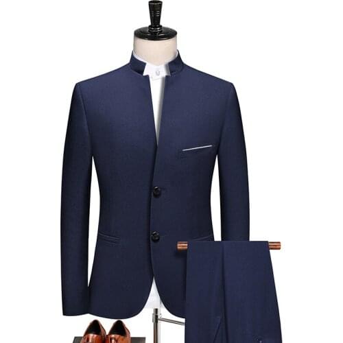 2021Stand-up collar suit Chinese style male casual business Chinese two-piece suit tunic with stretch