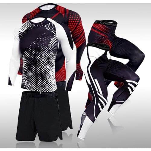 3 Pcs Tracksuits Suit Men Running Sports Suit MMA Compression Sportswear Rashguard Male Bodybuilding T-shirt pants Man Training