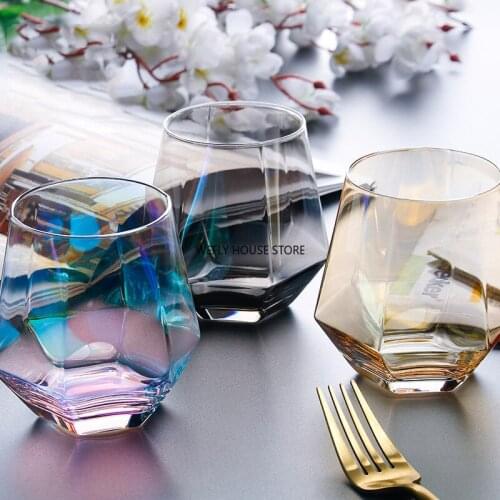 Creative Hexagonal Crystal Glass Cup Geometric Transparent Diamond Mug Golden Rim Wear Resistant Non-Slip Home Bar Drinkware