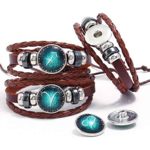 Leo Aries Button Punk 12 Constellations Alloy Wrap Woven Men Genuine Leather Bracelets For Women Men Fashion Jewelry Wholesale