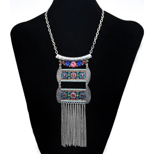 Fashion Vintage Bohemian Colorful Crystal Tassel Necklace Vintage Geometric Shape Necklace For Lady Gypsy Party Jewelry