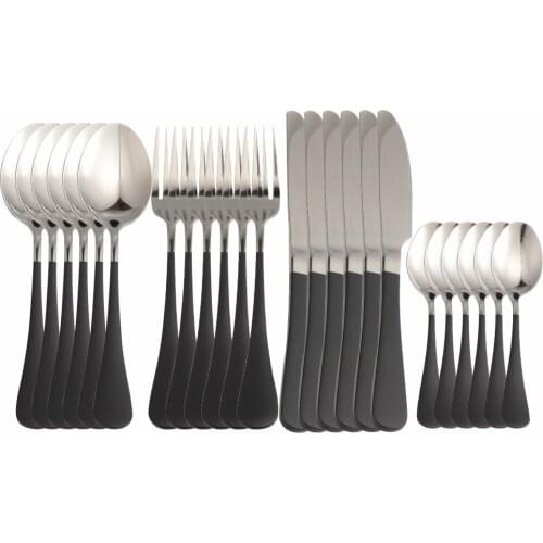 24Pcs Black Silver Stainless Steel Cutlery Tableware Set Dinnerware Flatware Set Wedding Forks Knives Spoons Set Home Silverware