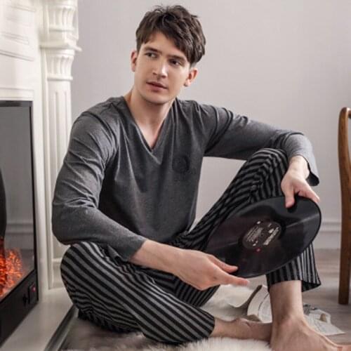 Latest mens 100% cotton pajamas set spring and autumn long-sleeve sleepwear night wear home clothing for men