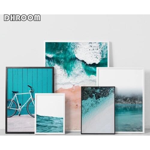 Coastal Beach Landscape Poster Print Blue Green Ocean Bike Wall Art Painting Canvas Pictures for Living Room Nordic Decoration
