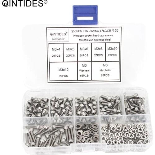 QINTIDES 250Pcs/set DIN912 M1.6 M2 M2.5 M3 304 Stainless Steel Hexagon Socket Head Cap Screws Bicycle Hex Bolts Assortment Kit