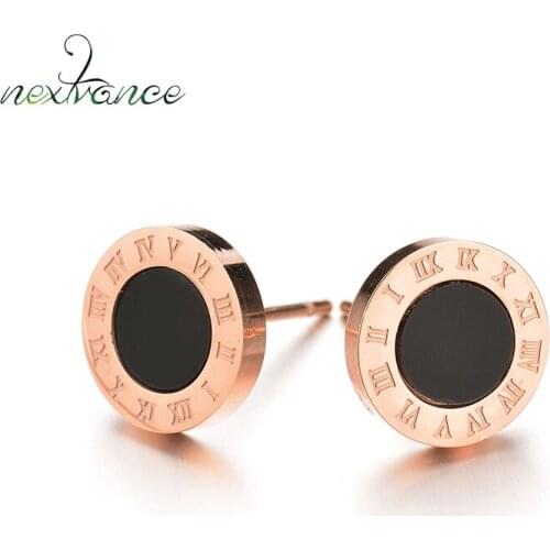 Nextvance Rose Gold Number Letter Stud Earring Black Shell Round Push Back Earrings For Women Men Gift Party Jewelry