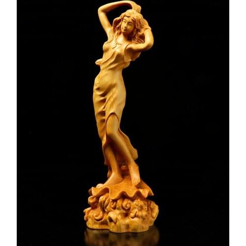 XS342-20CM Tall Boxwood Carving Meditation Gir Figurine Chinese Beauty Statue for Living Room