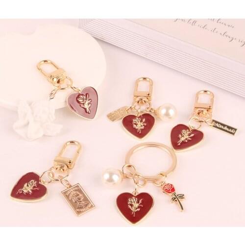 Trendy Rose Heart Keychain Vintage Pearl Lanyard Keyring for Women Car Keys Bag Decor Pendant for Airpods Case Girls' Gifts New