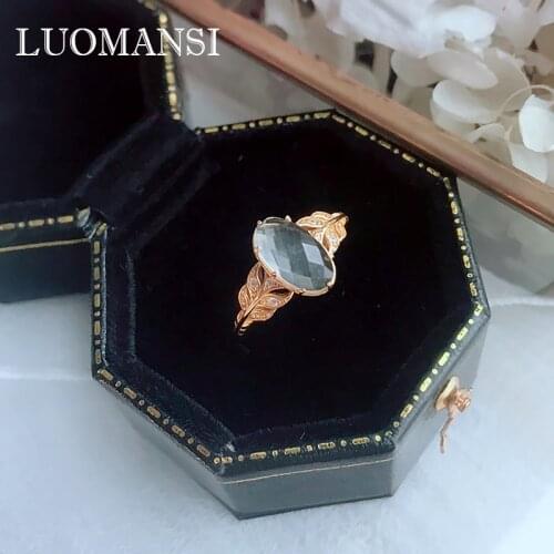 Luomansi Vintage Feather Natural Crystal Womens Ring S925 Sterling Silver Jewelry Office career style Party