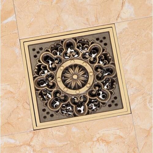 Vintage Retro Antique Brass Carved Flower Pattern Bathroom Shower Drain 4" Square Floor Drain Waste Grates ahr031