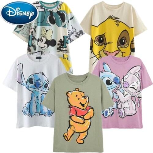 Disney Women T-shirt Casual O-neck Pullover Short Sleeve Loose Tee Tops Print Fashion Princess Mickey Mouse Cartoon Snow White