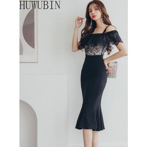 2021 Summer New Korean Fashion Trend Womens Temperament Medium Length Suspender One Line Collar Stitching Lace Buttock Dress