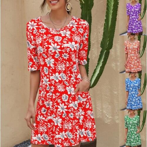 Dress Women Summer 2021 New United States Ladies Round Collar floral Printed Short Sleeve Mini Dresses Casual Vestidos CHD2029