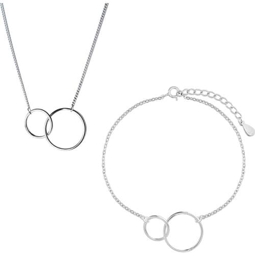 ANENJERY Minimalist 925 Stamp Silver Color Double Circle Necklace+Bracelet Jewelry Sets For Women Sister Jewelry