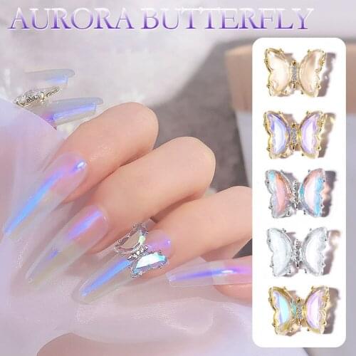 5 Pcs/Set Kawaii Nail Art Butterfly Ornament Ins Ice Transparent Aurora Metal Nail Drill Decoration DIY Design Nail Sticker Tool