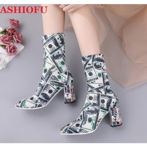ASHIOFU 2020 New Handmade Crystal-heels Boots Money-gram Sexy Party Ankle Booties Real Photos Fashion Evening Winter Short Boots