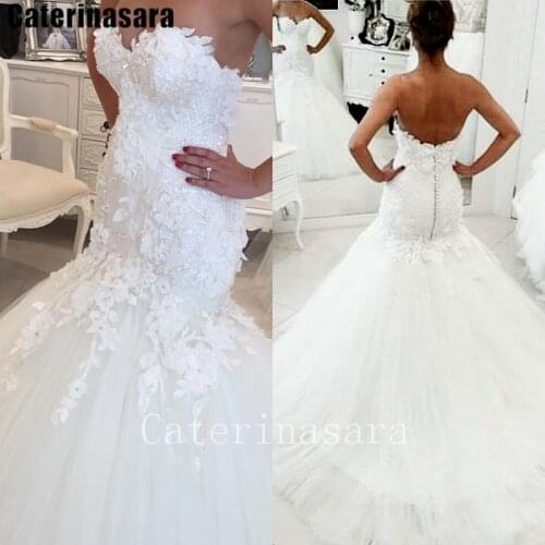 White Flowers Lace Beads Sweetheart Tulle Mermaid Wedding Dress Zipper Trumpet Bridal Gown