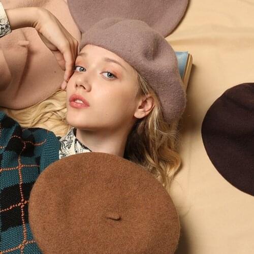 100% Wool Berets Womens Cap For Female Winter Hat Solid Flat KPop Felt Cute Girl Berets Elegant Art Simplicity BLM008