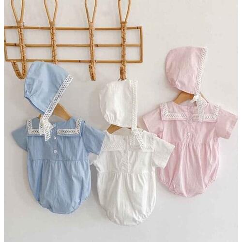 Korean Style Baby Jumpsuits Girls Clothes Summer Baby Girls Clothing Navy collar Baby Bodysuits Cute Lace Hat Infant