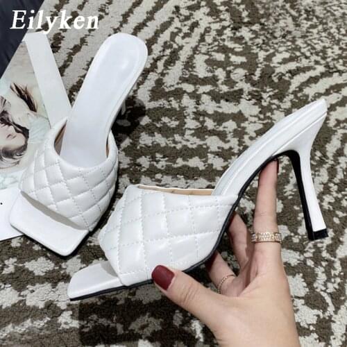 Eilyken 2021 New Design Square Toe Thin High Heel Slippers Women Sandals Fashion Slip On Slides Summer Beach Shoes Mules