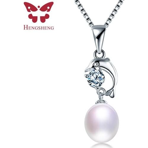 HENGSHENG Natural Freshwater Oval Pearl Necklace Fashion Jerelry 925 Sterling Silver Zircon Dolphin Pendant Necklace For Women