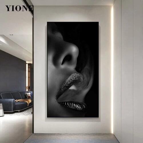 Modern Art Smoking Woman Face Canvas Print Painting Custom Black and White Sexy Red Lips Poster Wall Pictures for Living Room