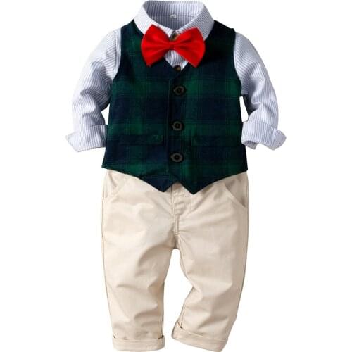 Boys Clothing Set 1-4 Y Spring Autumn Striped Shirt & Plaid Vest &Long Pant & Bow Tie Kids Cotton Fashion Gentleman Shirt Suits