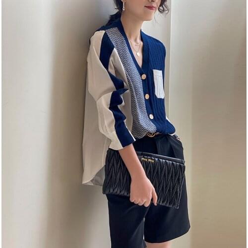 Korean Chic Spring Summer Retro Blouse Tops Casual Single-Breasted Cardigan V Neck knitting Patchwork Shirt Elegant Shirt
