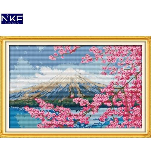 NKF Mount Fuji Stamped Cross Stitch Pattern DIY Kits Needlework Embroidery Set Chinese Cross Stitch for Home Decor