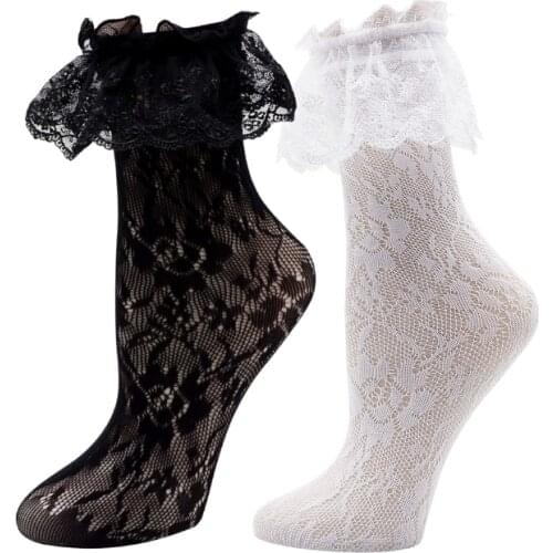RMSWEETYIL 2Pairs Lace Ruffle Frilly Socks For Women Lolita Sexy Sheer Black White Mesh Fishnet Transparent Ladies Ankle Sock