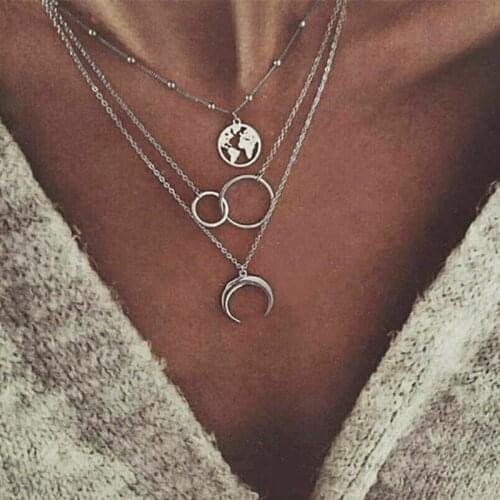 New Fashion Retro Moon World Map Circle Pendant Multilayer Gold Colodr Necklace Party Charm Jewelry Accessories For Women