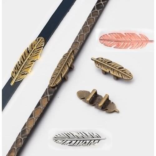 10pcs Antique Bronze/Silver Small Feather Leaf Sliders Spacers For 5mm Flat Leather Cord DIY Bracelet Jewelry Findings Making