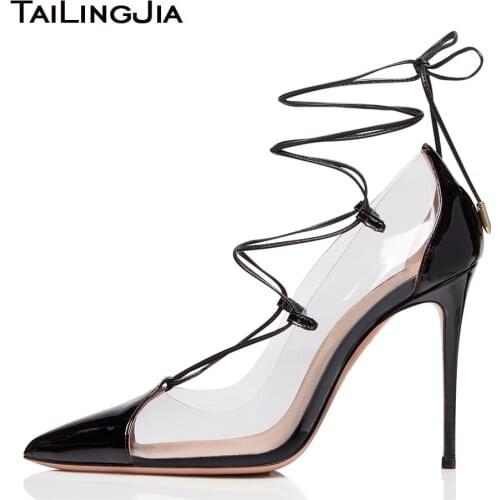 Lace Up Pointed Toe Transparent Pumps Women High Heel Clear Shoes 2019 Large Size Nude Heeled Ladies Black Pointy Stiletto Heels