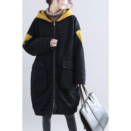 Thicken Parkas Warm Loose Hooded Jacket Womens Plus size Stitching Long Women Outwear Casual Zipper Cotton Coat 2021 Winter New