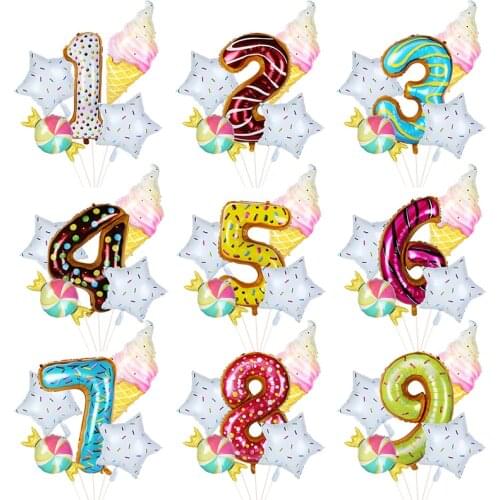 Donut Theme Party Balloons 0-9 Number Foil Balloon Ice Cream Helium Globos 1st 2nd Birthday Party Decoration Kids baby shower