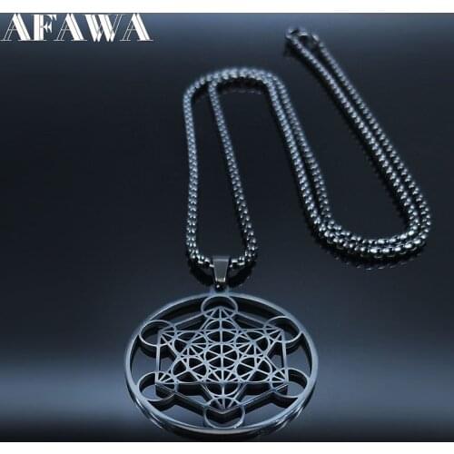 Yoga Hindu Buddhism Flower of Life Stainless Steel Statement Necklace Women/Men Black Long Necklace Jewelry collares N620S01
