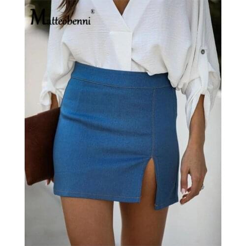 Fashion Denim Skirt Women Summer Blue Solid Color Casual High Waist A-line Denim Skirt High Street Mouth All-Match Jeans Skirt